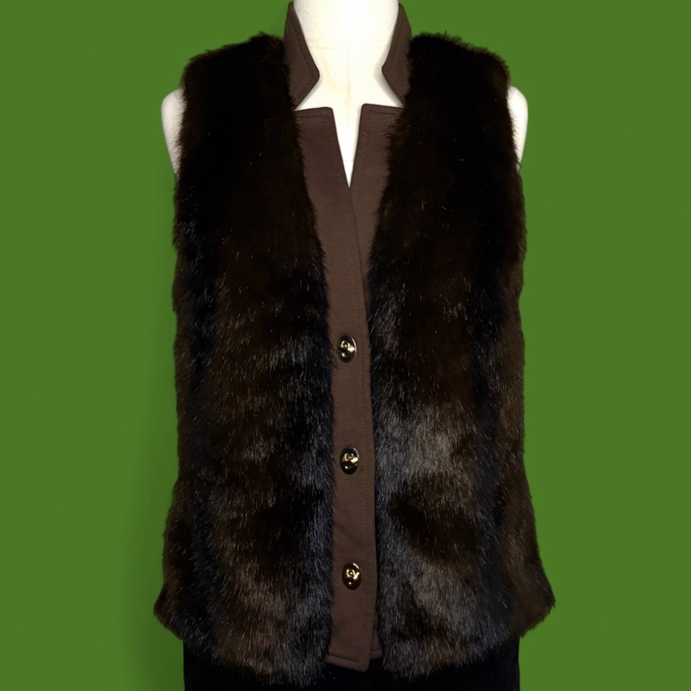 Ellen Tracy Brown Black Faux Fur Vest Size XS Gold Hardware Fitted Y2K Classy